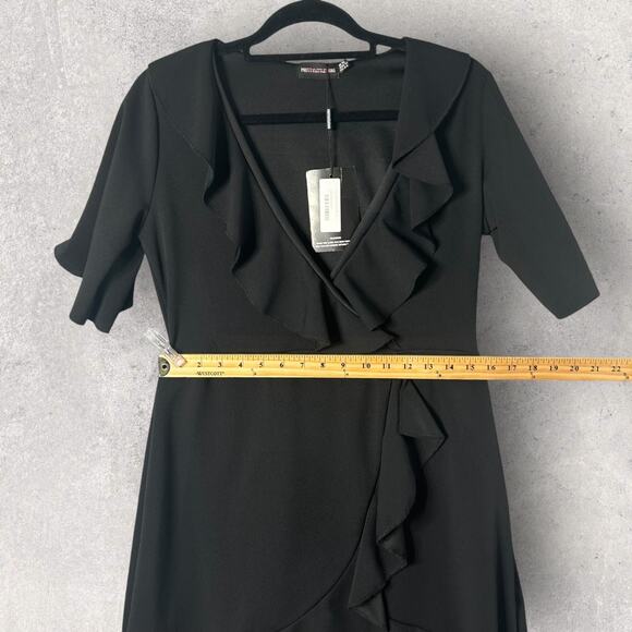 New PrettyLittleThing Black Frill Wrap Ruffle Dress Short Sleeve‎ Twelve - Picture 5 of 9